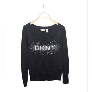 DKNY Jeans Y2K 2000s Sequin Sweater Large Black Logo 100% Cotton Fitted Knit